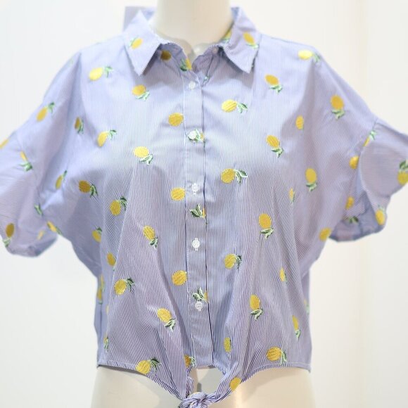 Love Fire Front Tie Ruffle Sleeve Pinstripe Blouse, embroidered lemon Size L/G - Picture 1 of 6